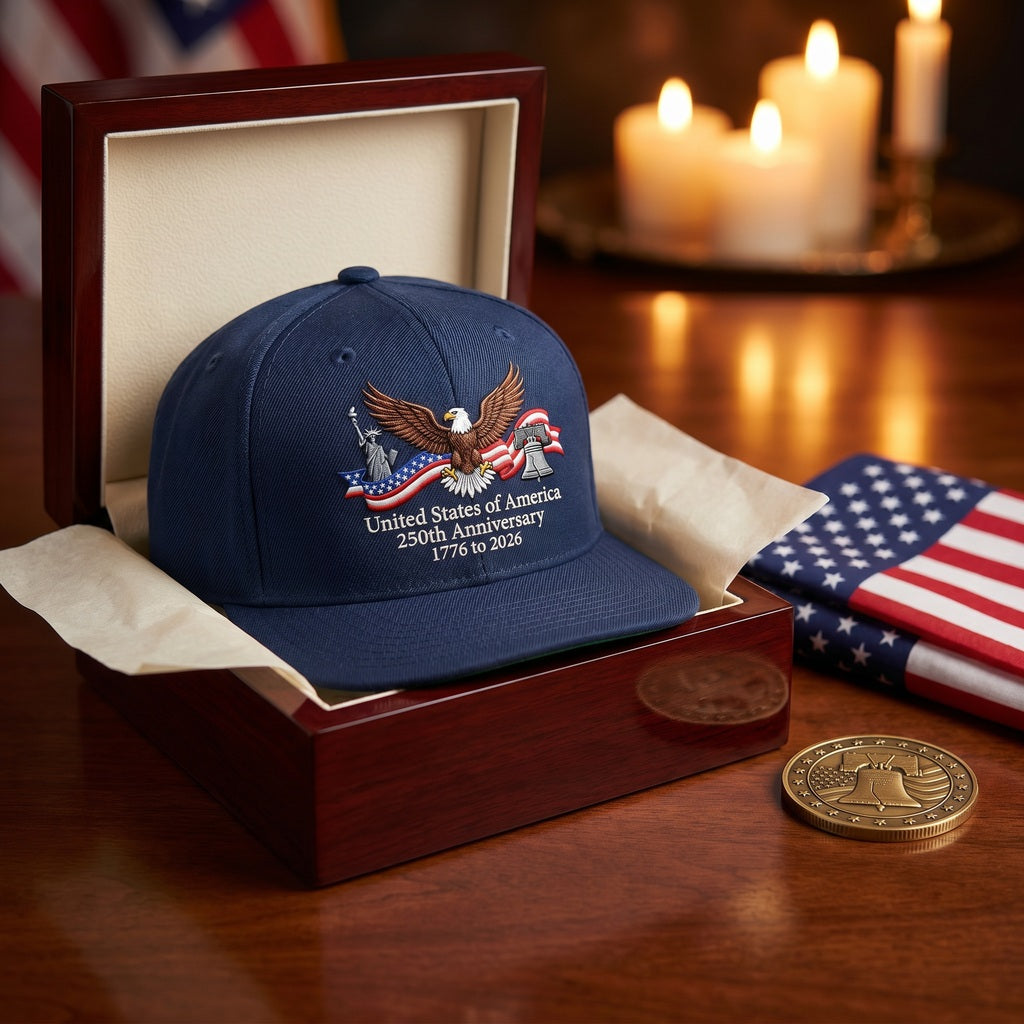 Geschenk-Kontext der Deep Navy 250th Anniversary Patriot Cap mit US-Flagge