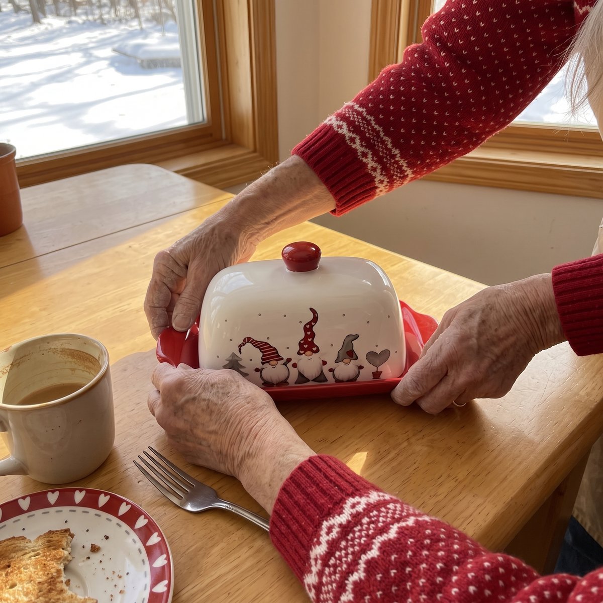 Dagny setting down a Tomte Gnomes butter dish