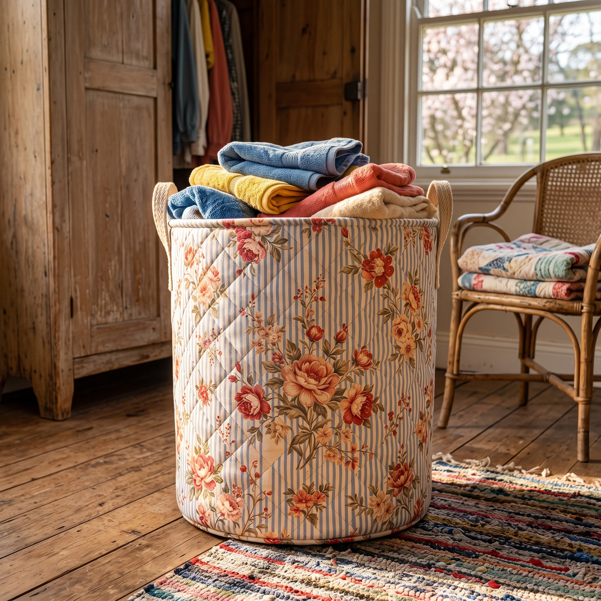 Coral's hand-quilted Cottage Roses flower basket