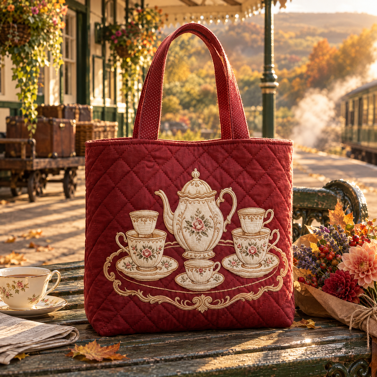 Red Tea Set - Elspeth's handquilted teapot tote in deep burgundy