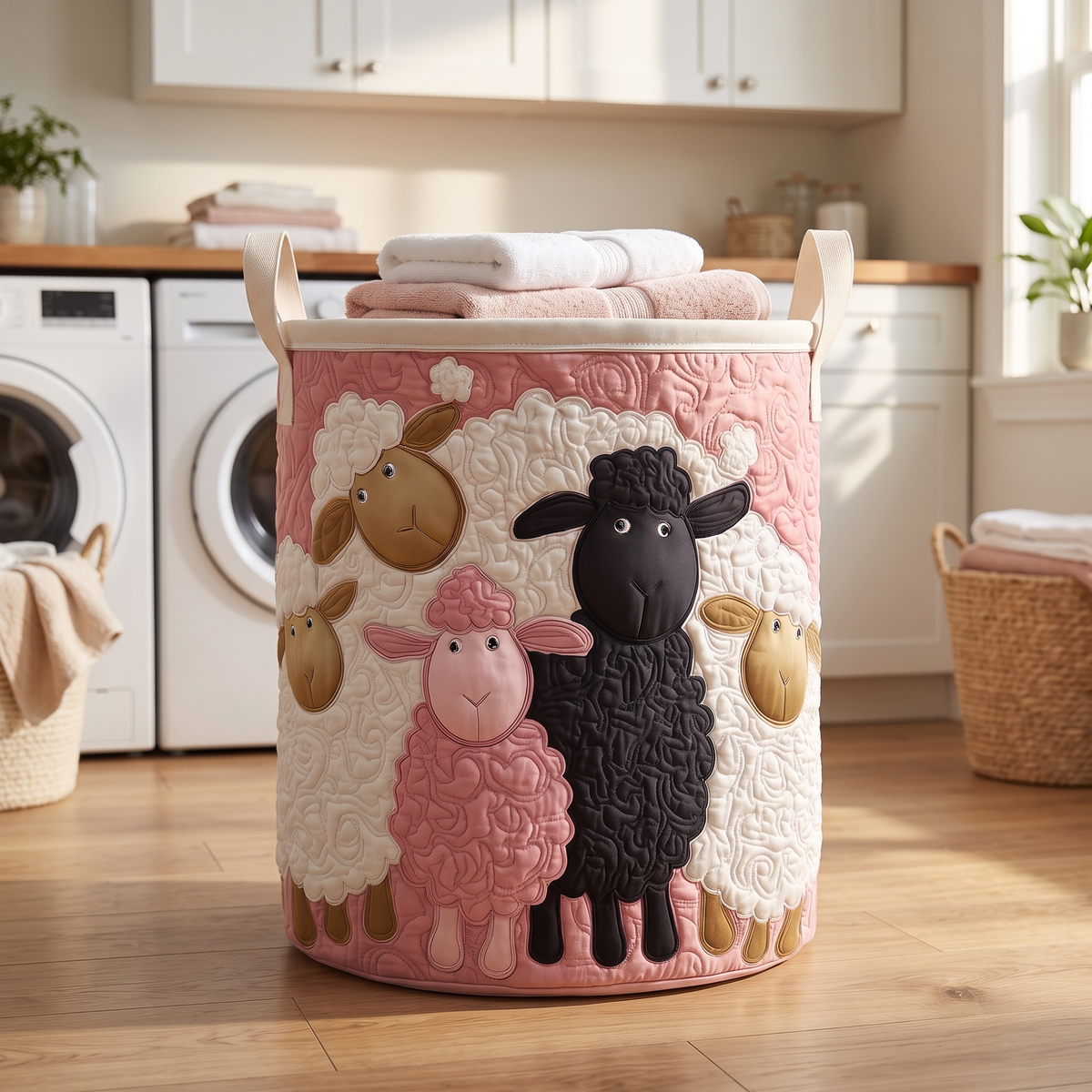 Pink Flock quilted sheep basket in a laundry room