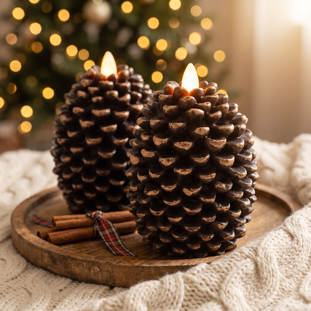 Close-up of the bronze-tipped flameless pinecone candle with its glowing flame
