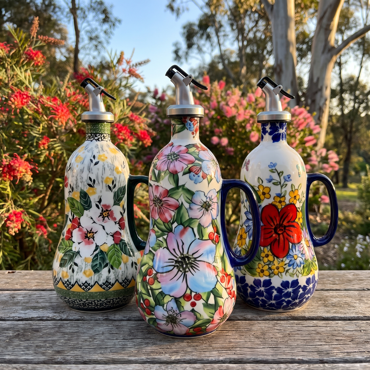 All three patterns: Wild Rose, Native Hibiscus and Red Poppy on a verandah bench