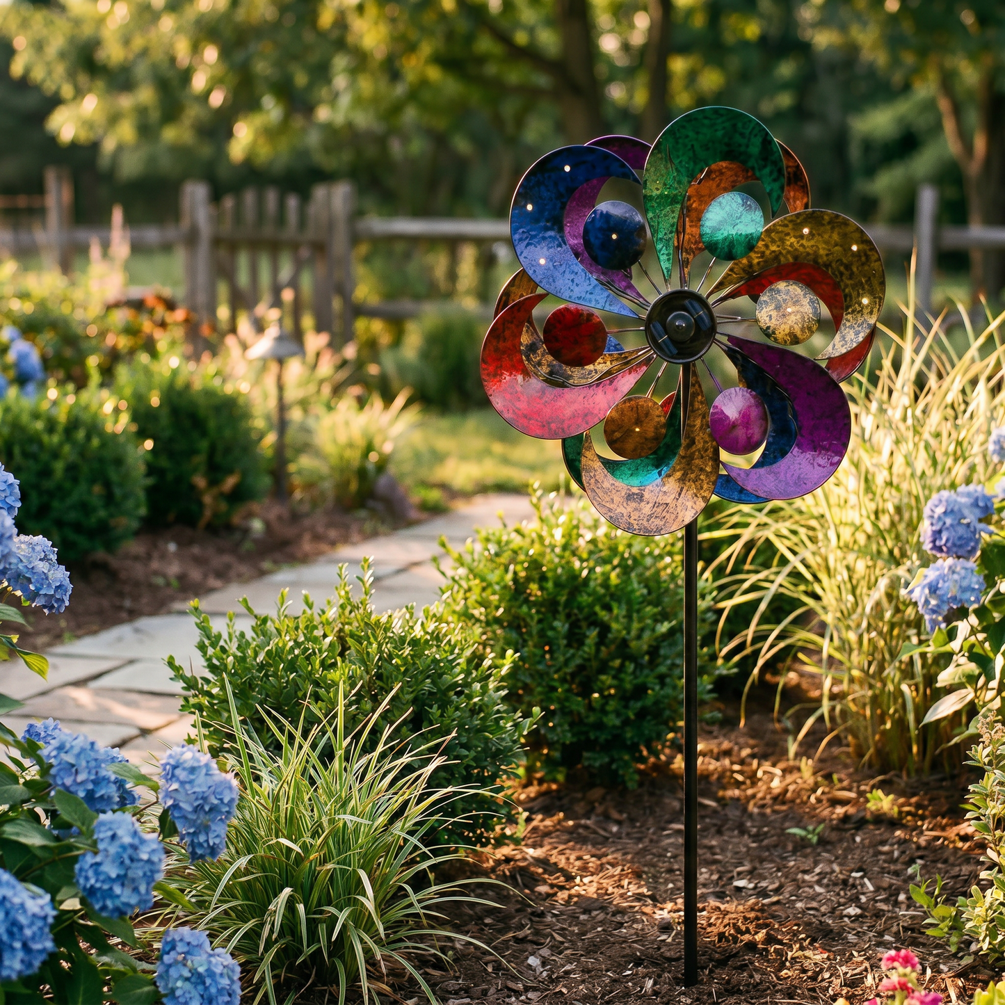 Gala solar wind spinner installed in a garden border