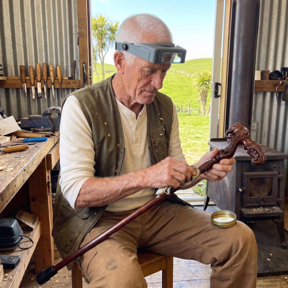 Hamish Rountree rubbing oil into a carved elephant-head grip
