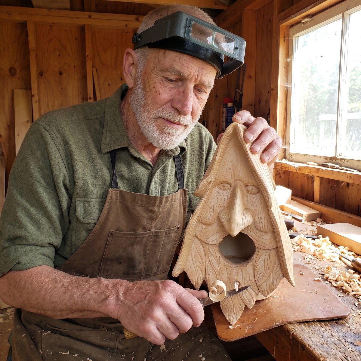 Neil carving the leaf beard of a wood spirit birdhouse