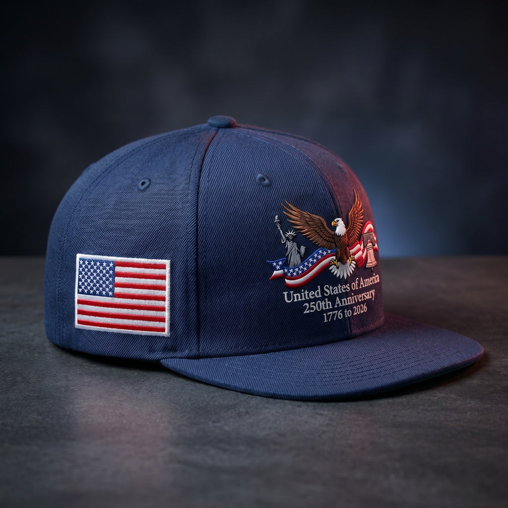 Seitenansicht der Deep Navy 250th Anniversary Patriot Cap mit US-Flaggenpatch
