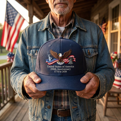 Lifestyle-Aufnahme der 250th Anniversary Patriot Cap im patriotischen Outdoor-Kontext