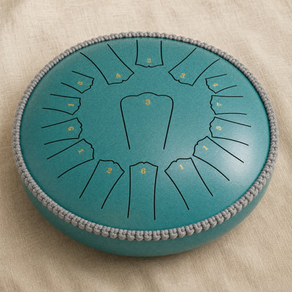 XXL premium rain drum in teal pearl finish with rope rim on linen