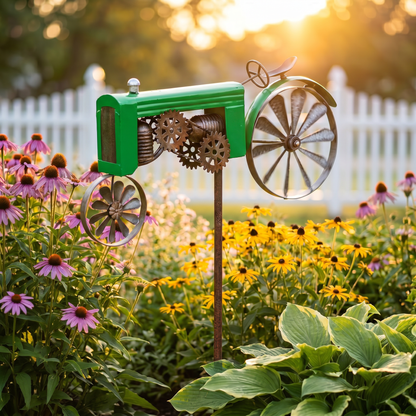 Heritage Tractor Wind Spinner - Green Tractor in Garden