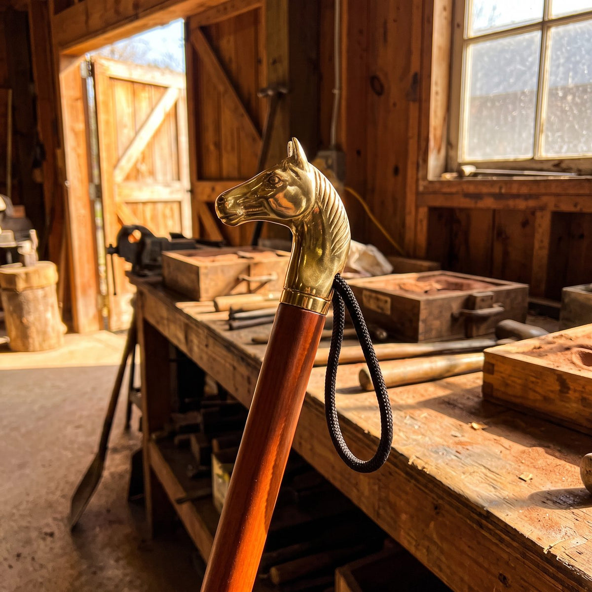 Close-up of the gold horse head handle