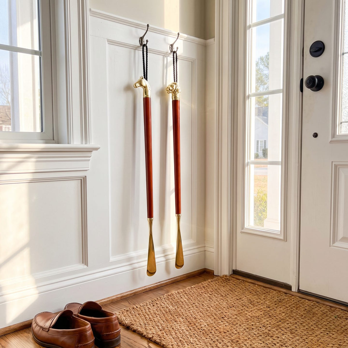 Horse and lion shoe horns hanging by the front door
