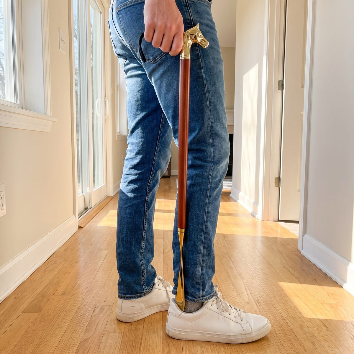 Putting on a sneaker standing up with the long horse-head shoe horn