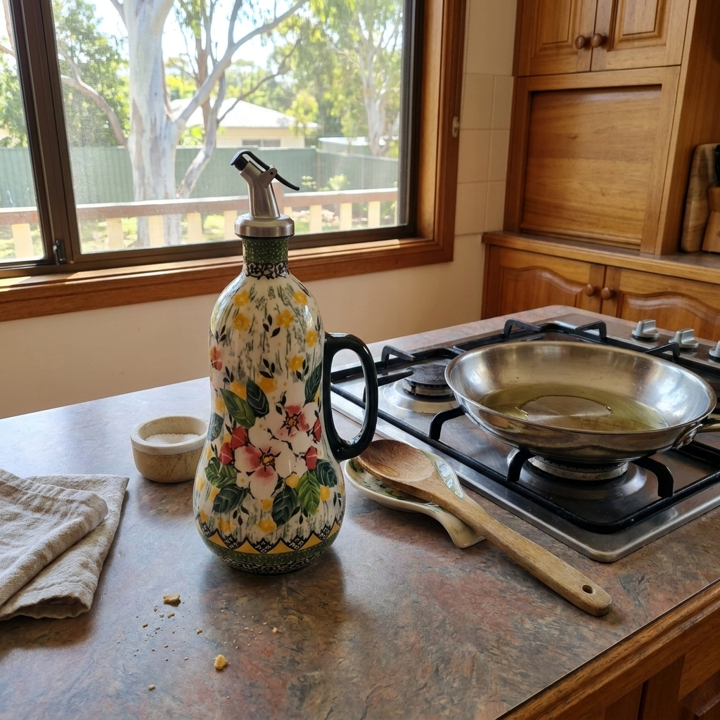 Customer photo: Wild Rose oil dispenser beside the cooktop