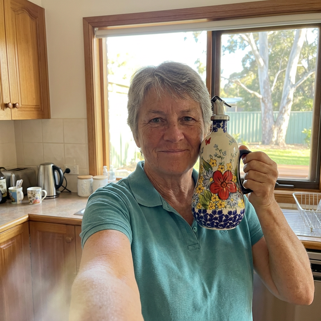 Customer selfie with the Red Poppy oil dispenser