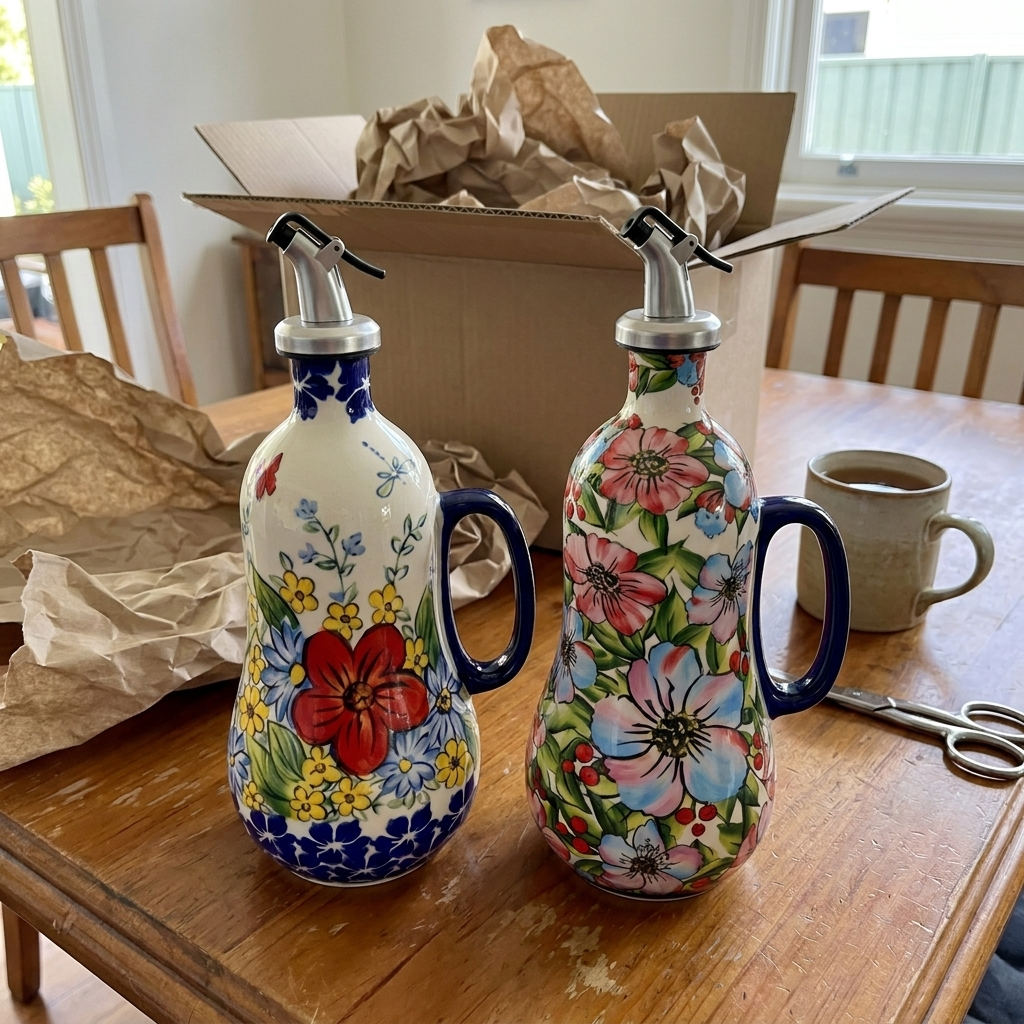 Two oil dispensers just unpacked on a kitchen table