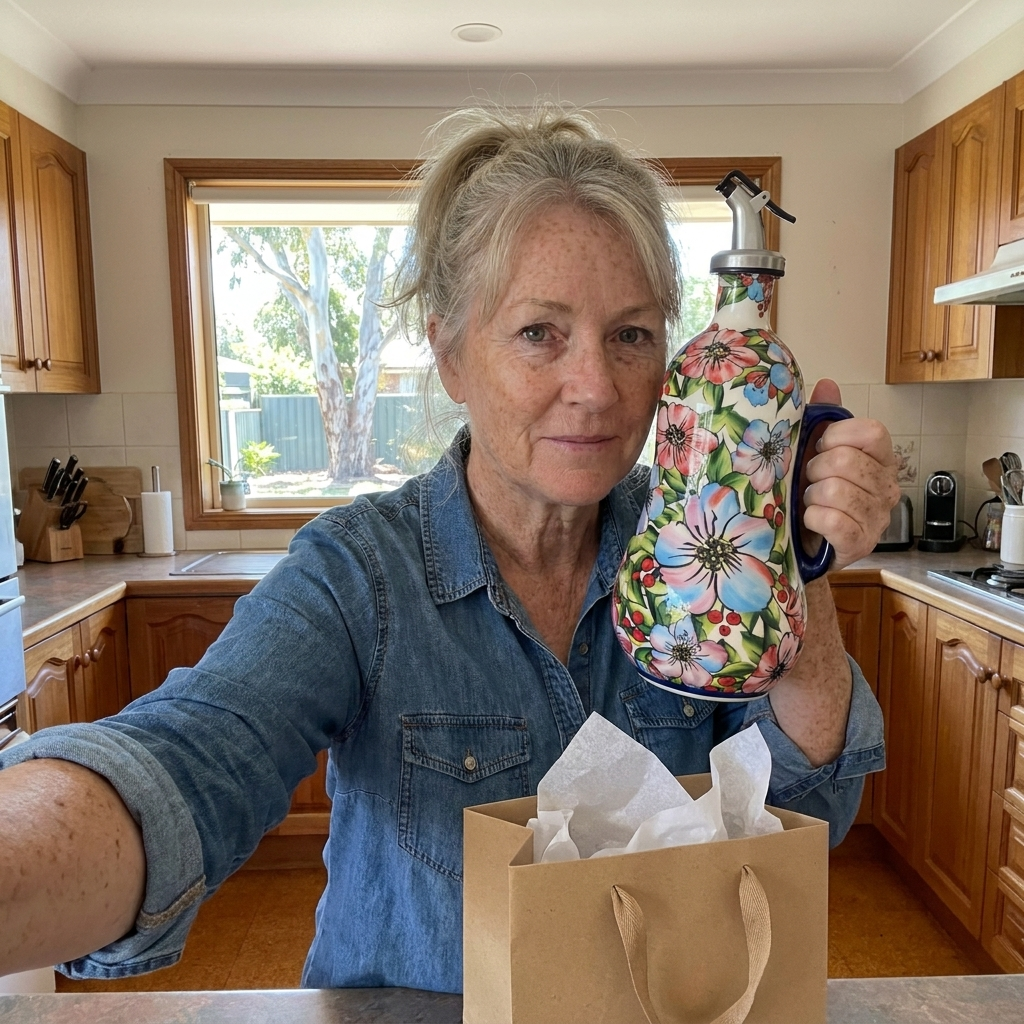 Customer with the Native Hibiscus dispenser and a gift bag