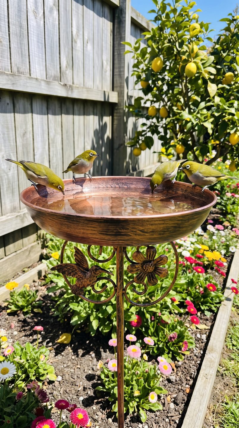 Lesley Tasker copper bird bath f1-silvereyes
