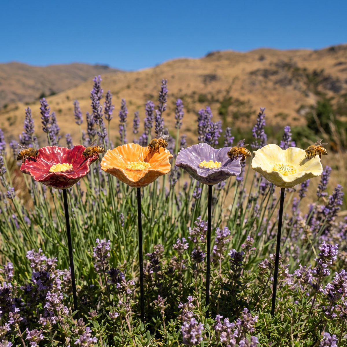 Joss's Handmade Bee Blossoms, set of 4 in a lavender bed in Central Otago