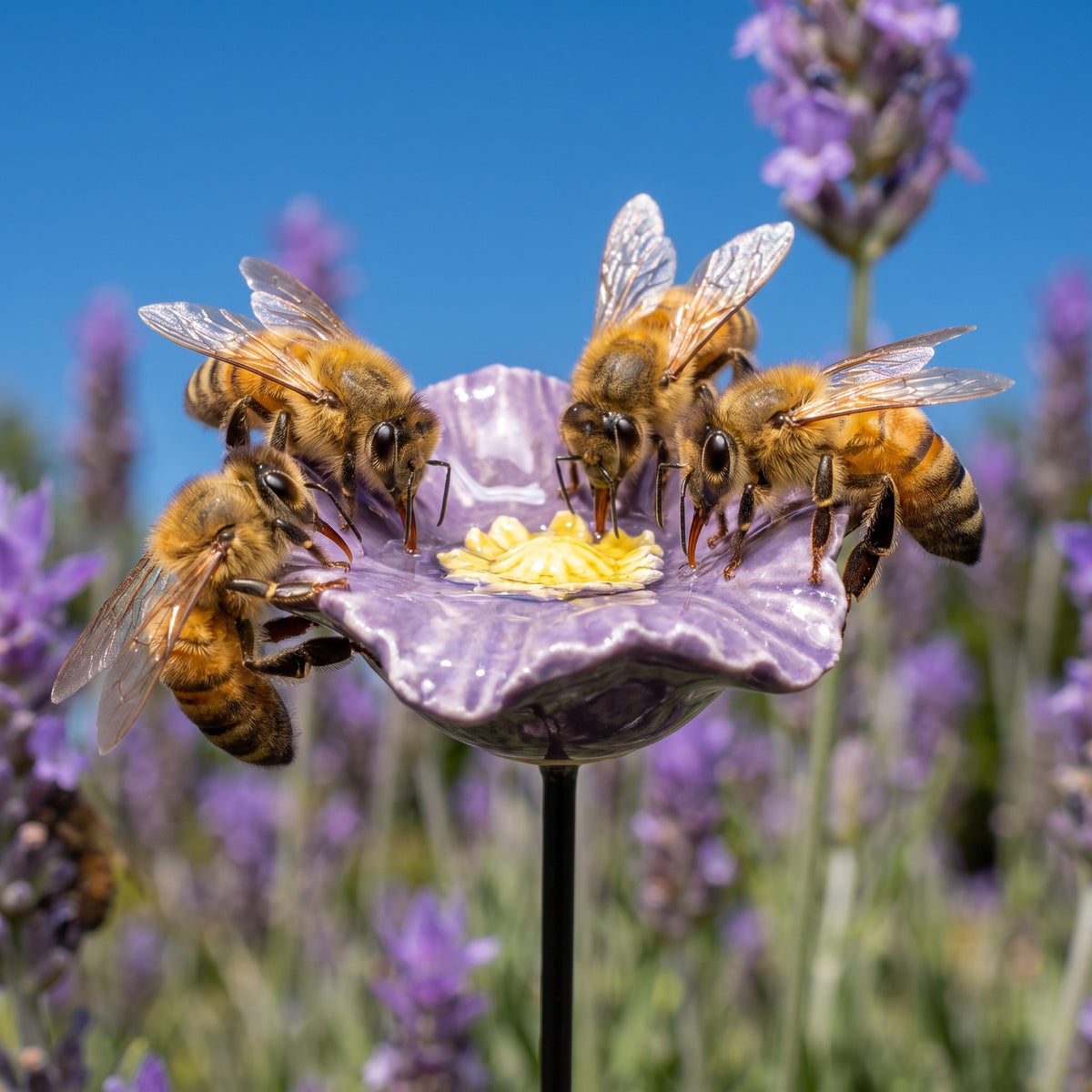 Honeybees drinking from a ceramic bee blossom