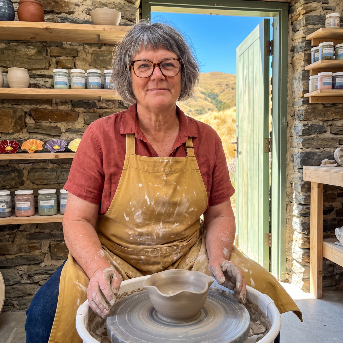 Jocelyn Galloway at the potter's wheel in her stone studio