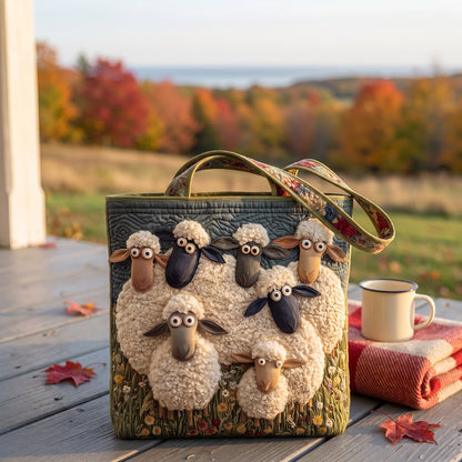 Lupine Meadow quilted sheep tote on a Nova Scotia farmhouse porch in fall