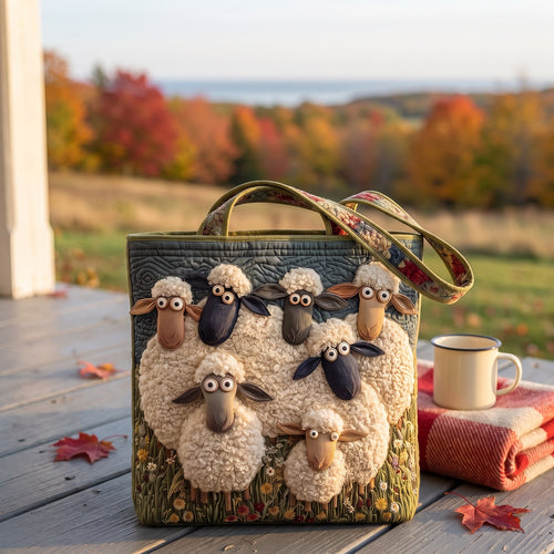 Lupine Meadow quilted sheep tote on a Nova Scotia farmhouse porch in fall