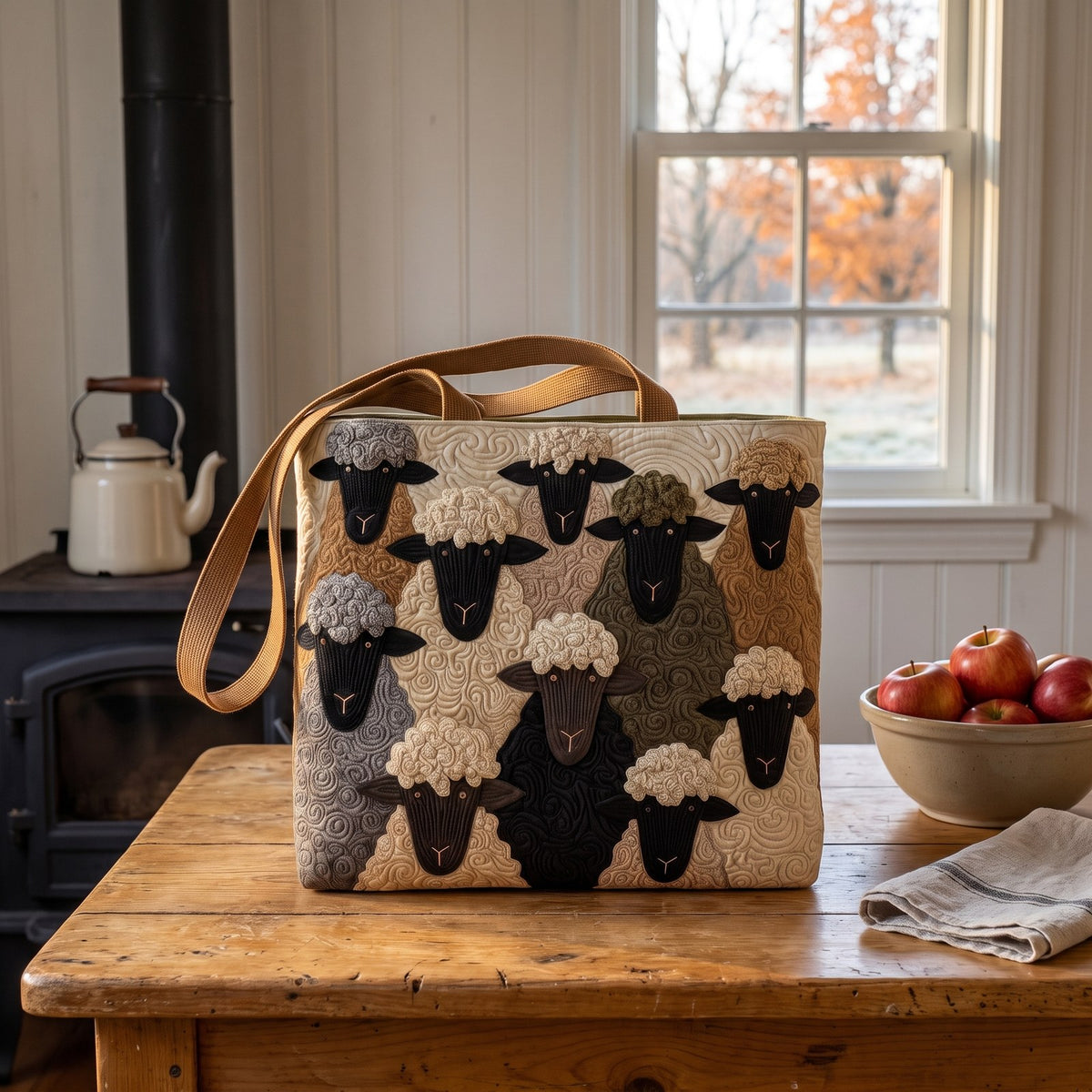 Cape Breton Fog quilted sheep tote on a pine farmhouse kitchen table