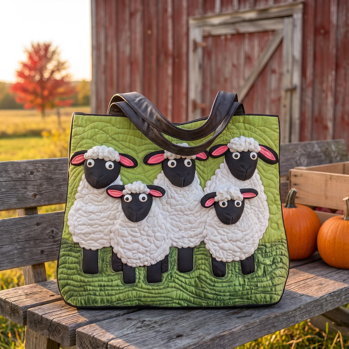 Annapolis Clover quilted sheep tote on a bench by a red barn
