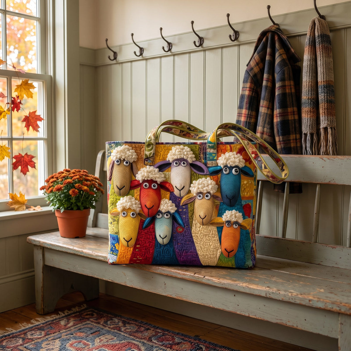 Kitchen Party patchwork sheep tote on a bench in a farmhouse front hall