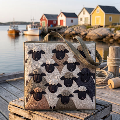 Driftwood quilted sheep tote on a wharf in a Nova Scotia fishing village