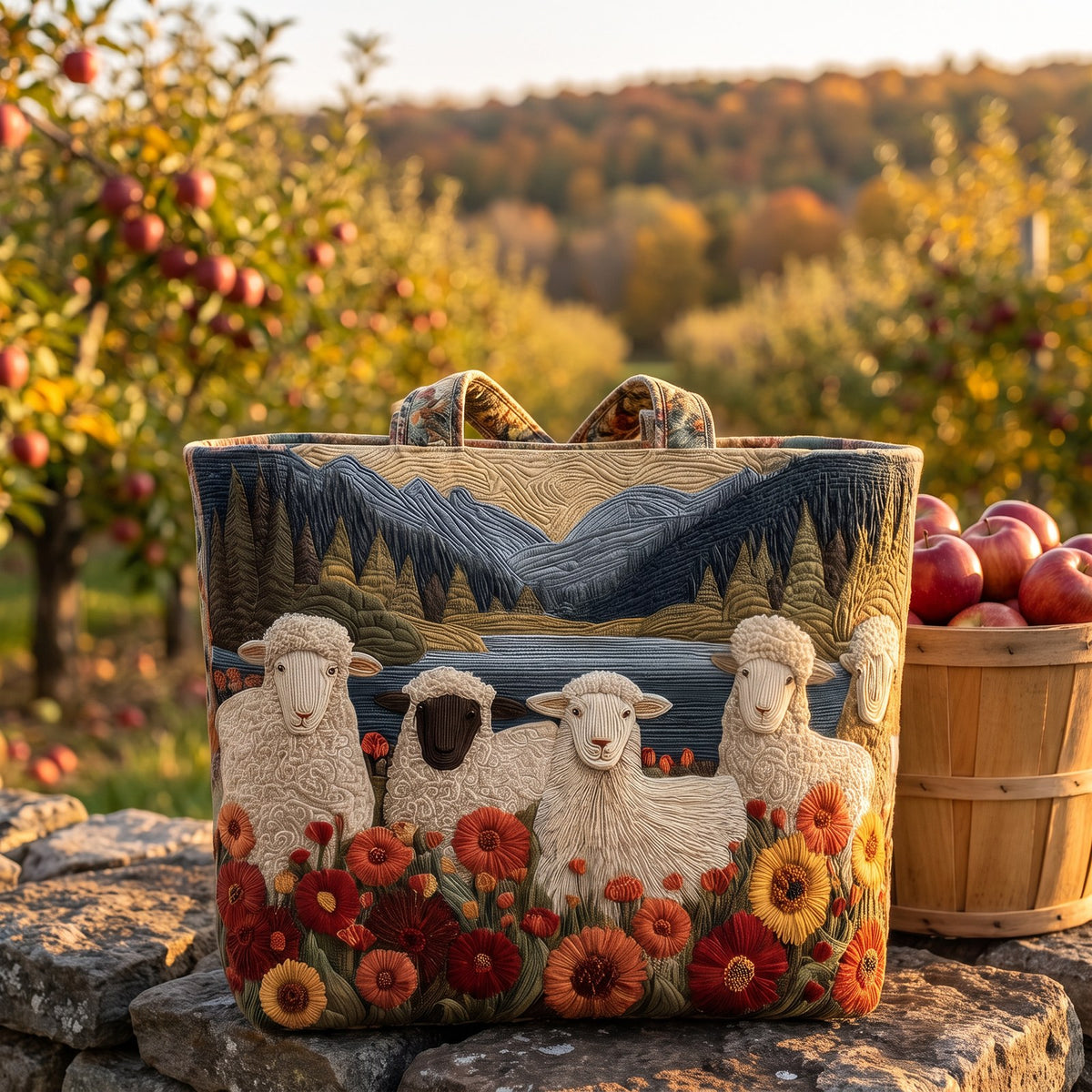 Highlands Meadow quilted sheep tote on a stone wall in an apple orchard