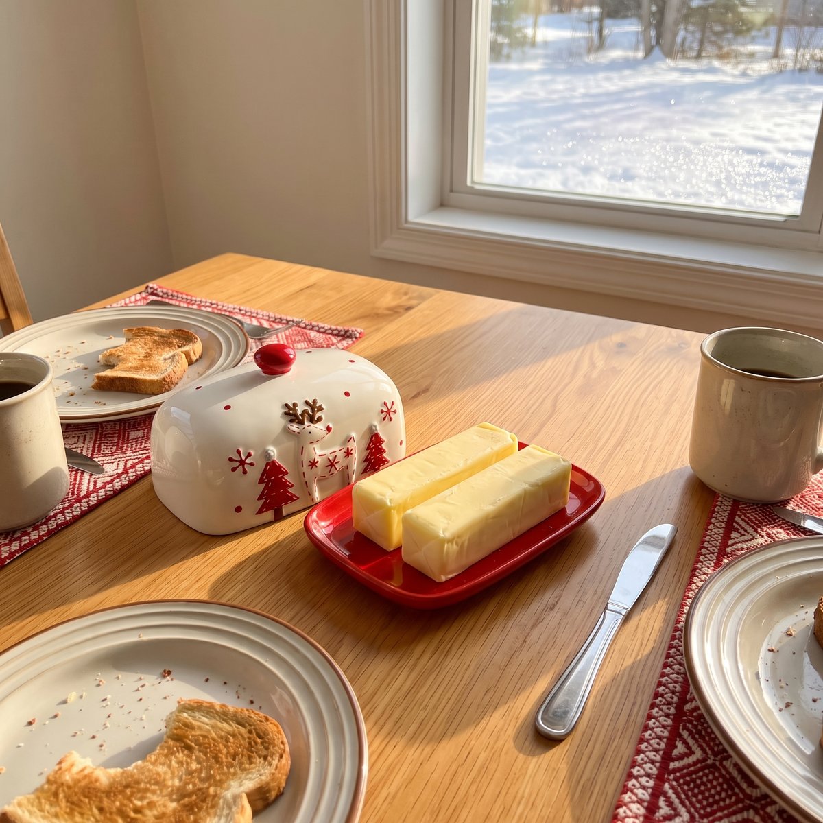 Two sticks of butter side by side on the Reindeer butter dish tray