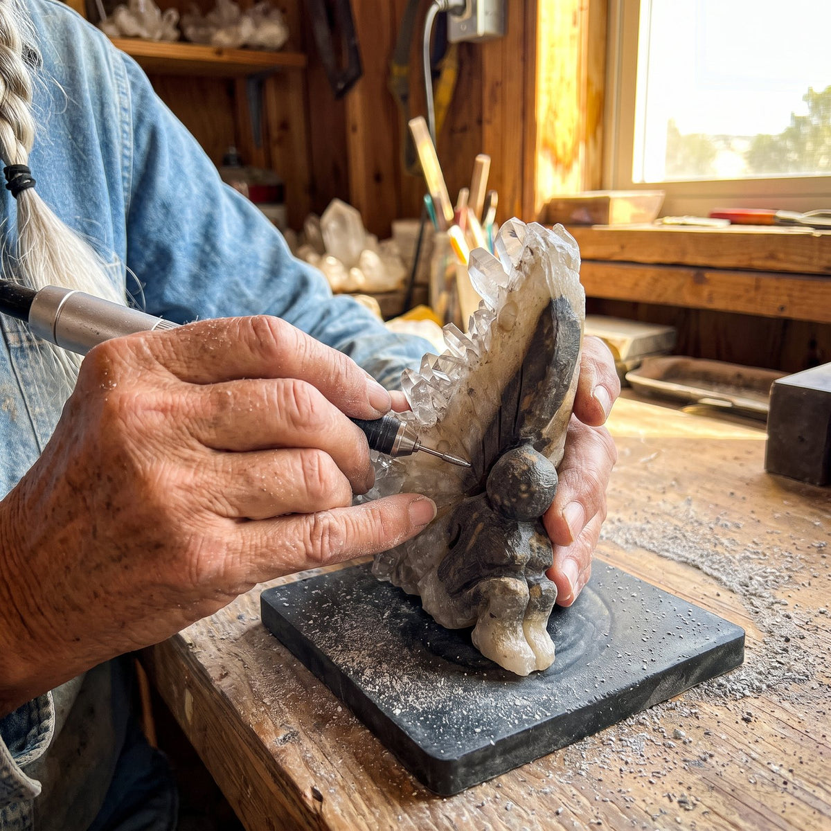 Marlene's hand-carved crystal fairy with a natural quartz wing