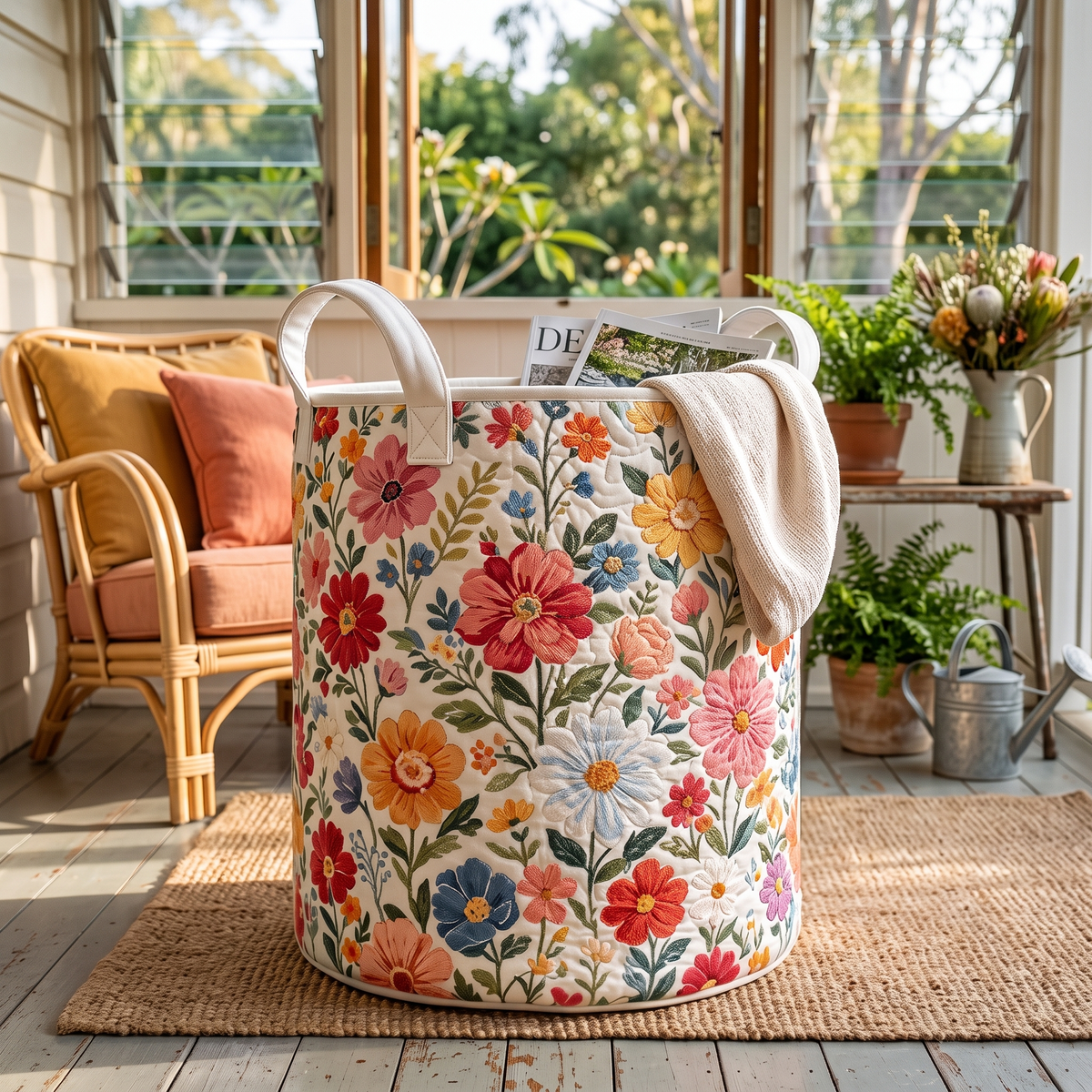 Coral's hand-quilted Summer Flowers flower basket