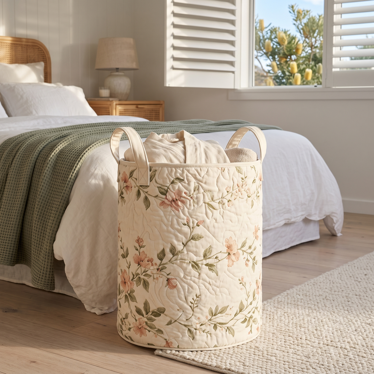 Coral's hand-quilted Peach Blossom flower basket