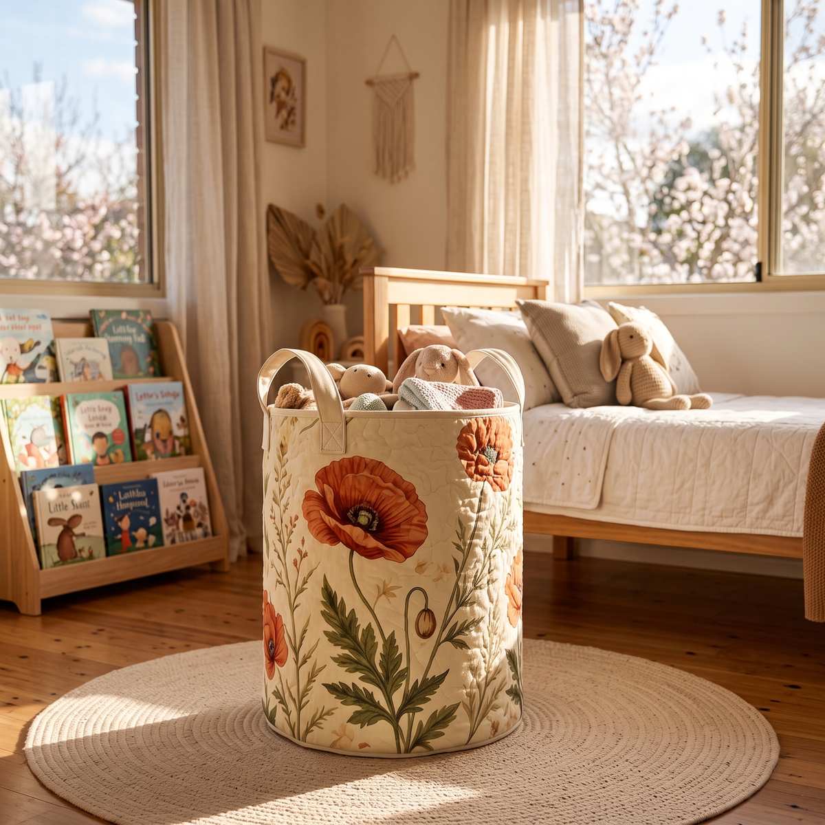 Coral's hand-quilted Red Poppies flower basket