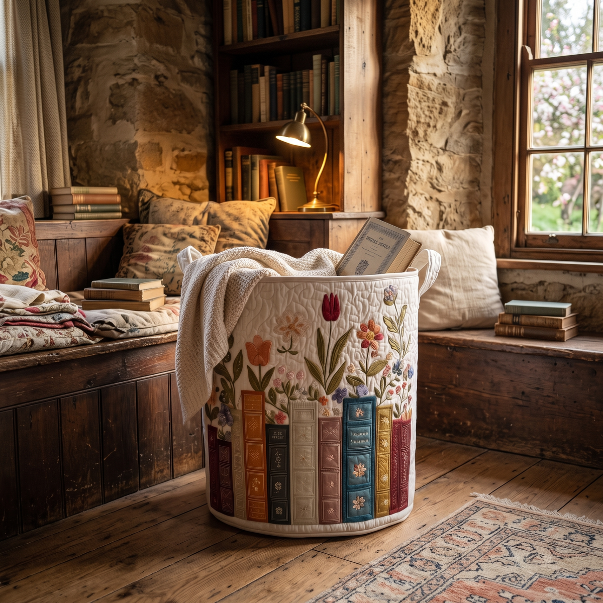 Coral's hand-quilted Book Garden flower basket