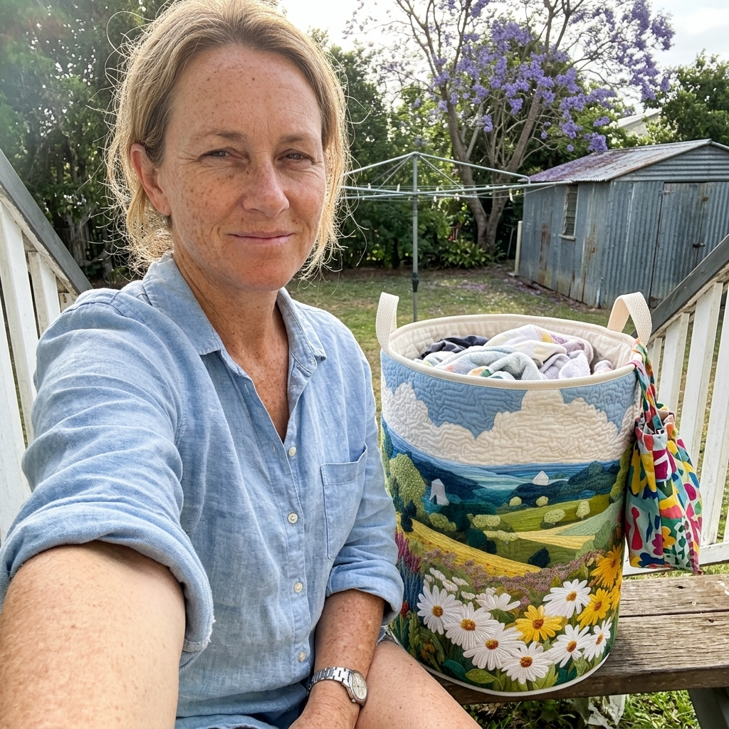 Customer selfie on her verandah with the Daisy Meadow basket