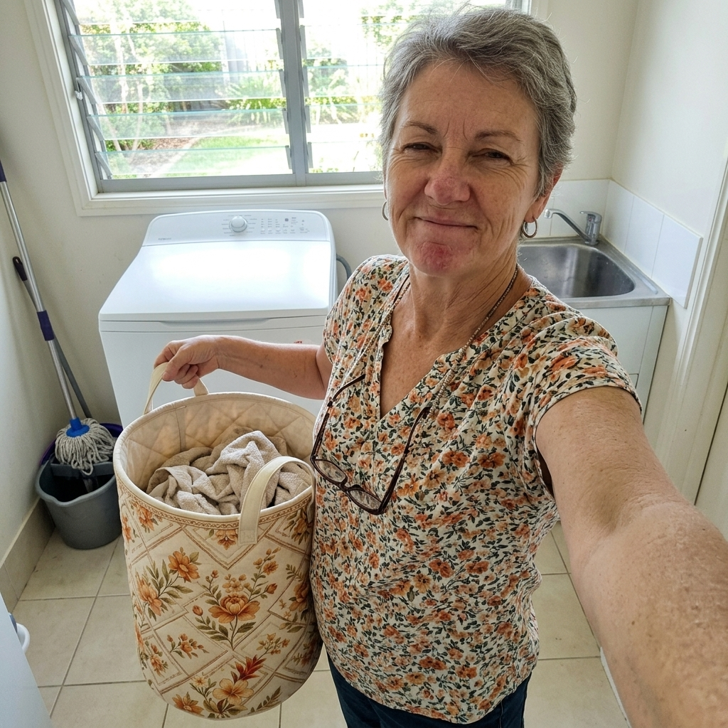 Customer holding the Amber Bloom basket in her laundry