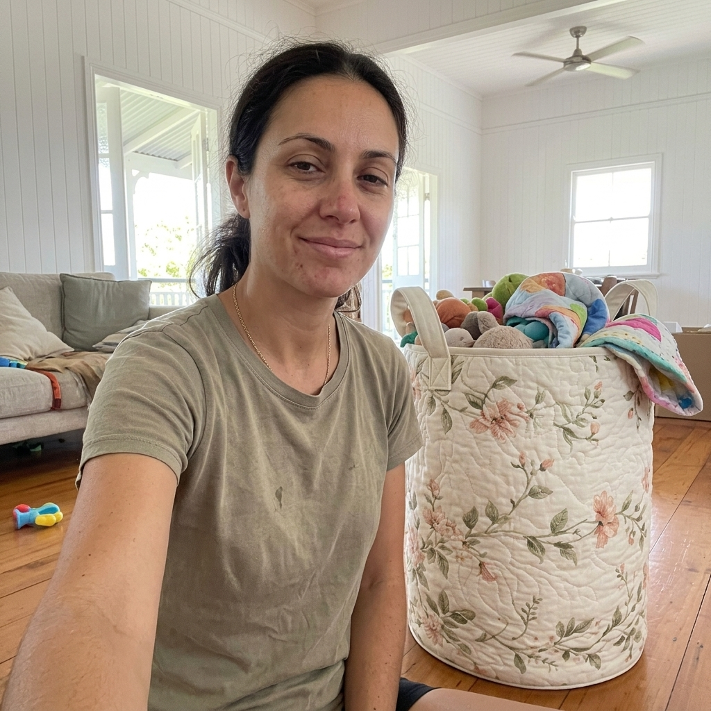 Customer selfie with the Peach Blossom basket full of soft toys