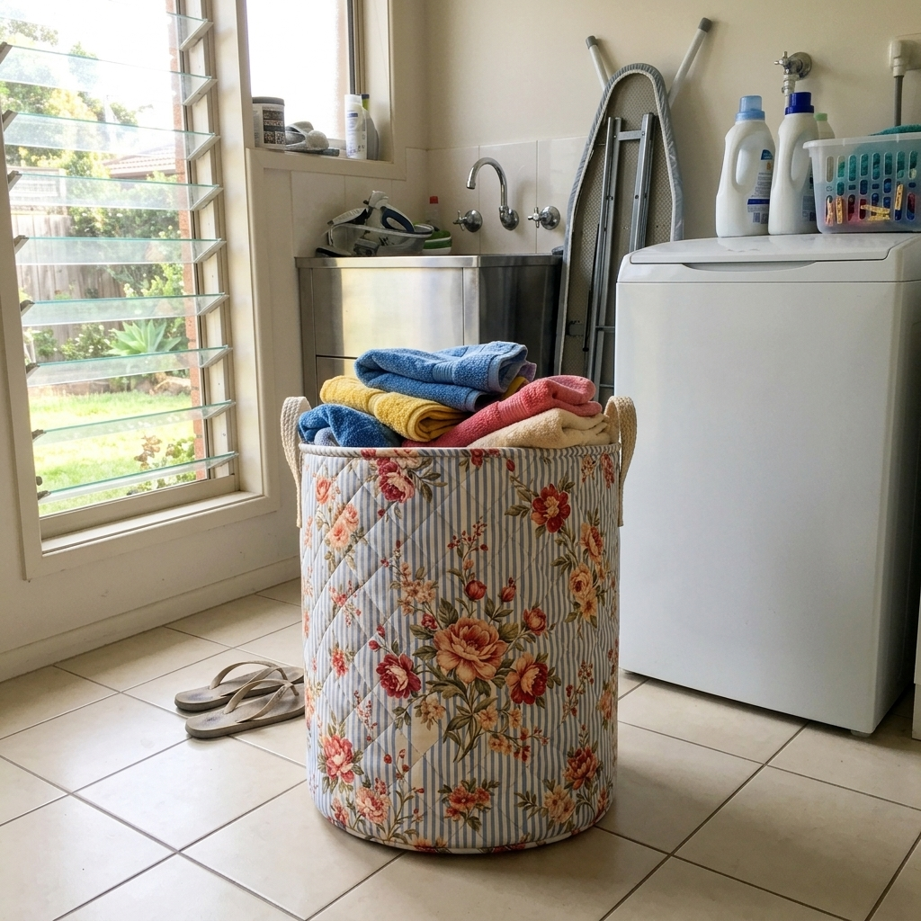 Cottage Roses basket with towels in an Australian laundry