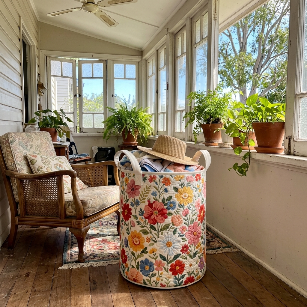 Summer Flowers basket with beach towels in a sunroom