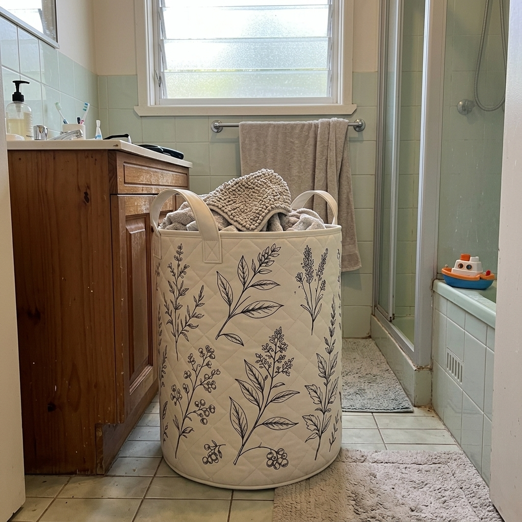 Wild Botanicals basket with towels in a bathroom
