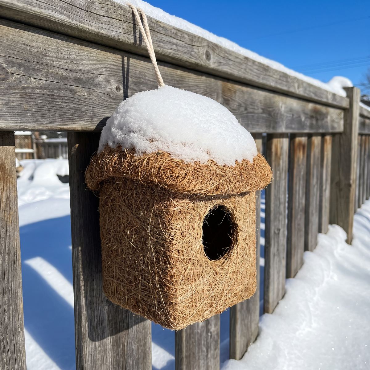 Coconut fibre roosting hut on a snowy backyard fence