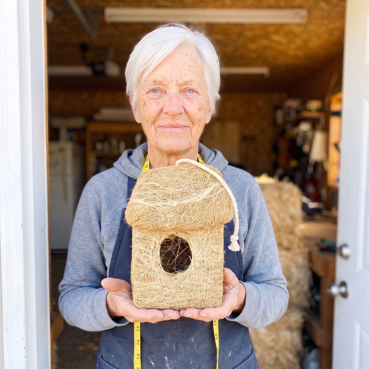 Marj Fraser holding one of her last roosting huts