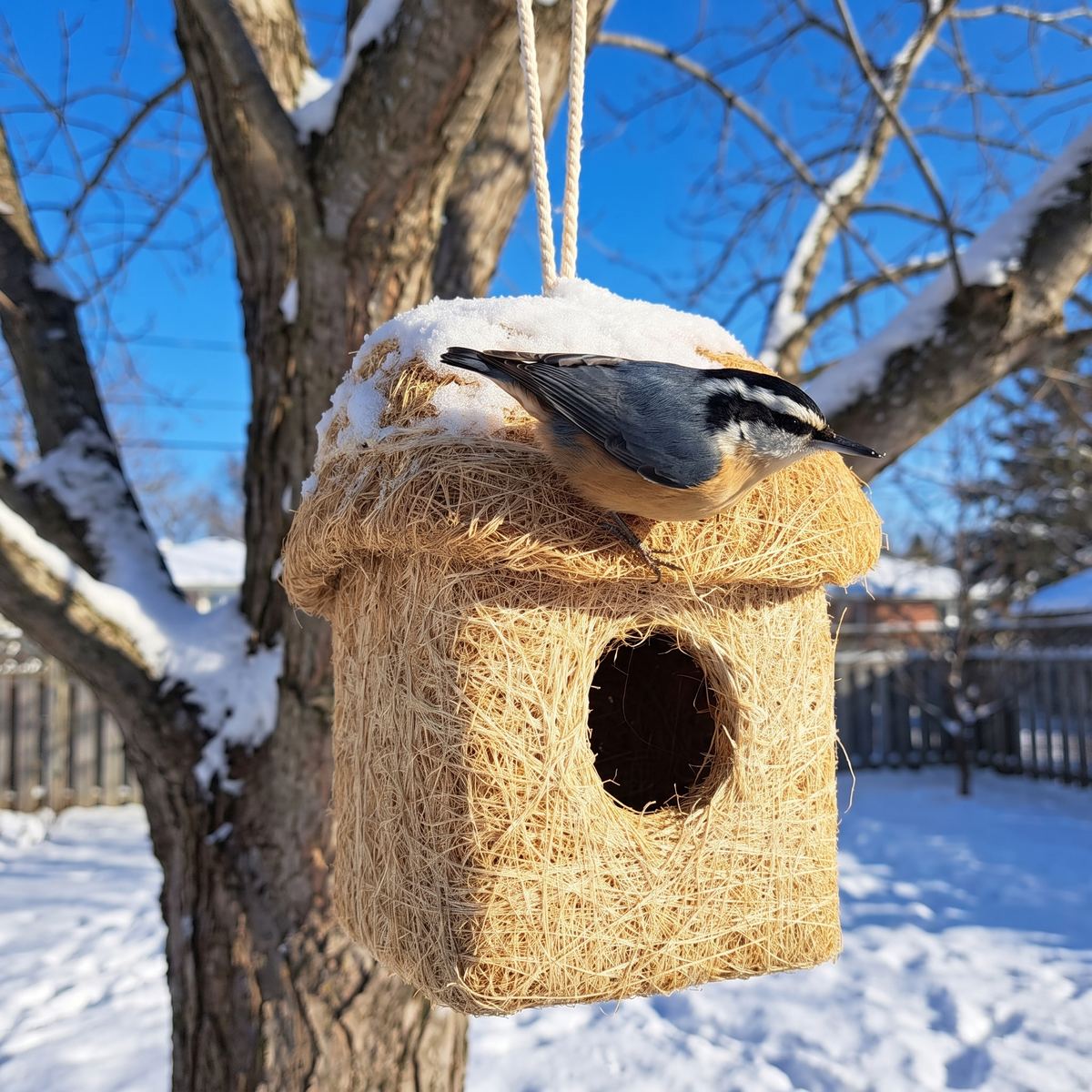 Red-breasted nuthatch on the roof of the hut in an ash tree