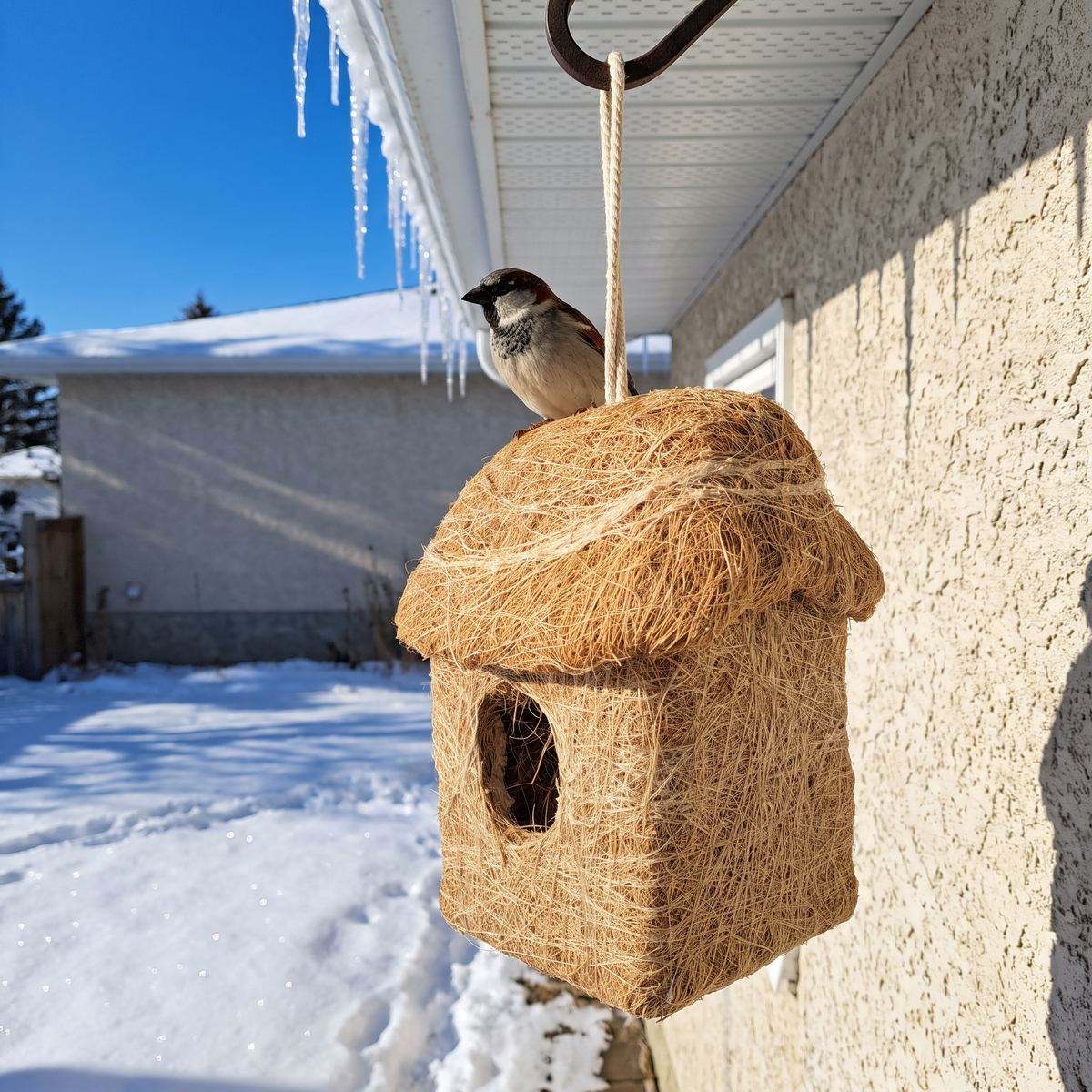 Roosting hut under the eaves with a house sparrow