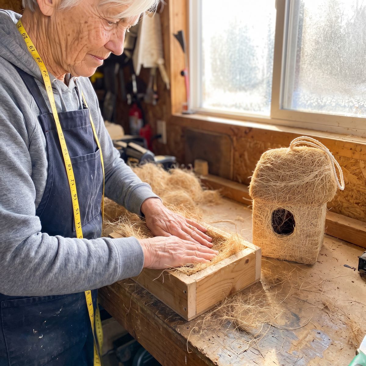 Marj packing coconut fibre into the wooden mould