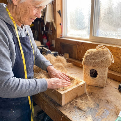 Marj packing coconut fibre into the wooden mould